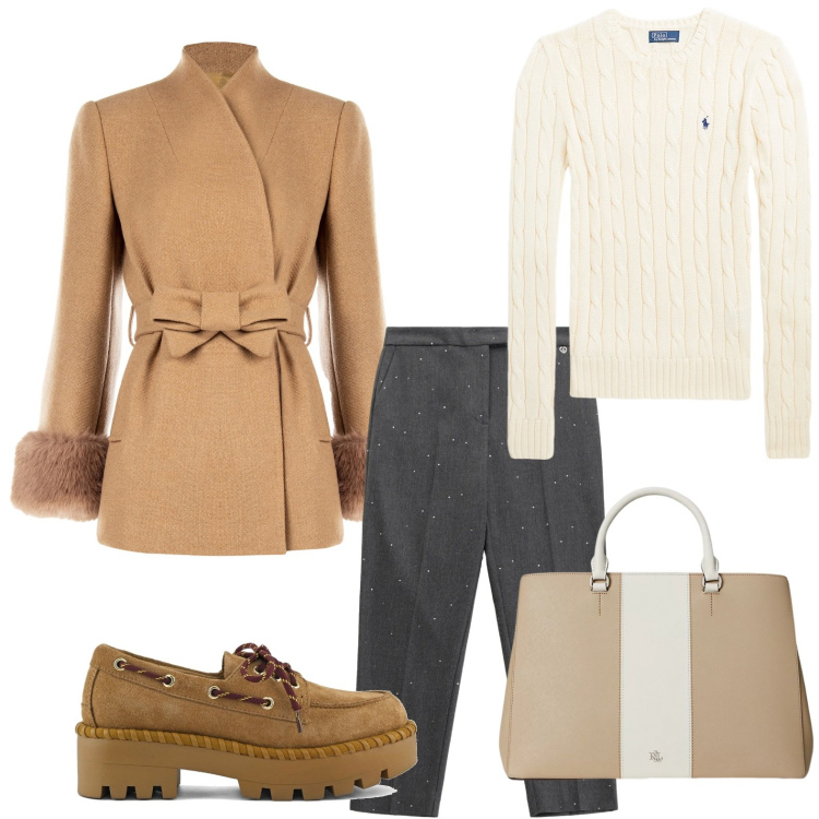 Outfit donna - Cappotto corto cammello. Stile Chic per Ufficio. Abbinamento con cappotti, pantaloni, maglieria, borse a mano, mocassini.