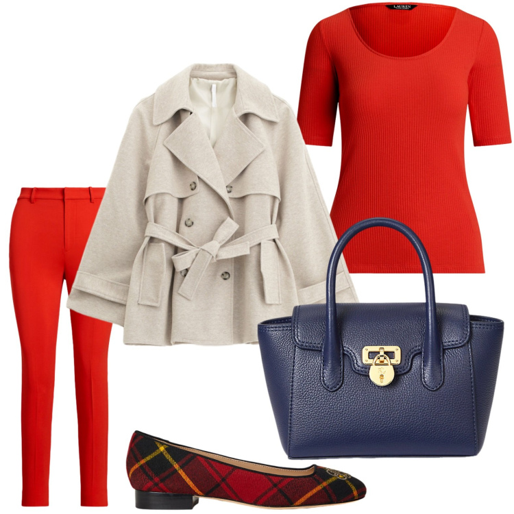 Outfit donna - Il trench di stagione. Stile Glamour per Ufficio. Abbinamento con trench, borse a mano, pantaloni, ballerine, t-shirt.