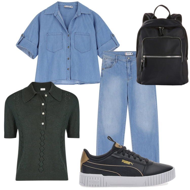 Outfit donna - La stagione del jeans. Stile Casual per Tutti i giorni. Abbinamento con zaini, camicie, jeans dritti, sneakers, polo.