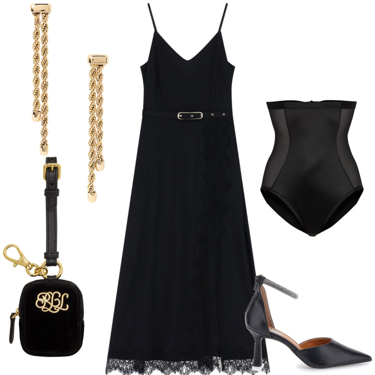 Outfit donna - Glam. Stile Glamour per Serata fuori. Abbinamento con slip, vestiti lunghi, orecchini, pochette, décolleté.