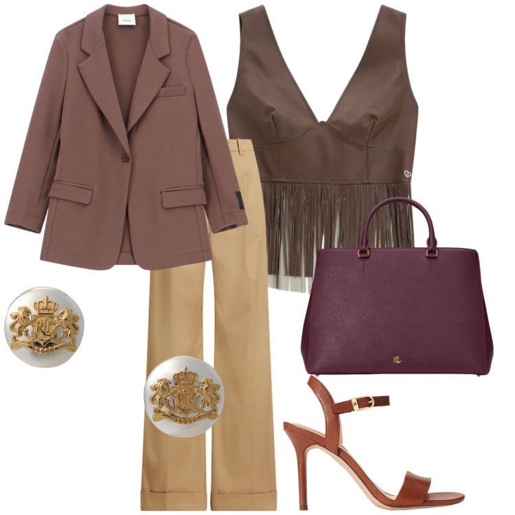 Outfit donna - Ufficio glam. Stile Chic per Ufficio. Abbinamento con top, blazer, orecchini, sandali in pelle, borse a mano, pantaloni.