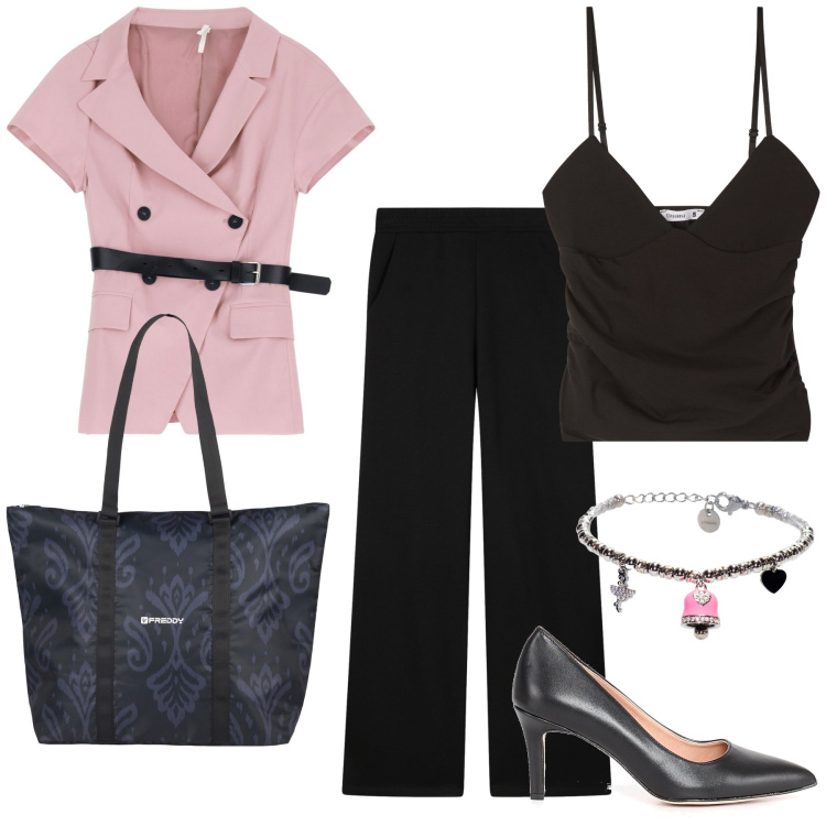 Outfit donna - A mio agio al lavoro. Stile Bon Ton per Ufficio. Abbinamento con canottiere, pantaloni, blazer, shopping bag, braccialetti, décolleté.