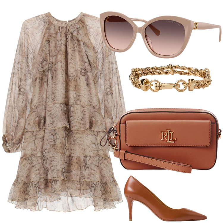 Outfit donna - Svolazzante cerimonia. Stile Chic per Cerimonia. Abbinamento con vestiti corti, décolleté, pochette, occhiali da sole, braccialetti.