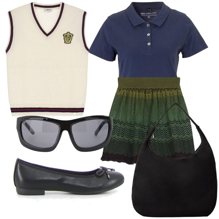Outfit donna - Total look. Stile Preppy per Tutti i giorni. Abbinamento con polo, borse a mano, occhiali da sole, pantaloni corti, gilet, ballerine.