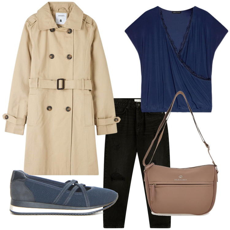 Outfit donna - Trench forever. Stile Minimal per Tutti i giorni. Abbinamento con trench, jeans mom, borse a tracolla, bluse, ballerine.