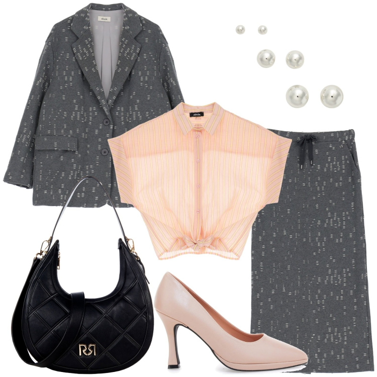 Outfit donna - Eleganza senza tempo. Stile Chic per Serata fuori. Abbinamento con borse a tracolla, gonne lunghe, camicie a manica corta, blazer, orecchini, décolleté.