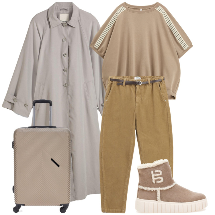 Outfit donna - Partendo di lunedì. Stile Urban per Tutti i giorni. Abbinamento con trench, pantaloni chino, felpe, stivaletti, valigie.