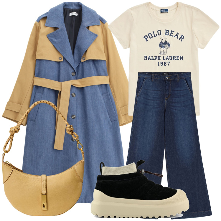 Outfit donna - In città. Stile Urban per Tutti i giorni. Abbinamento con trench, jeans, t-shirt, borse a spalla, stivaletti.