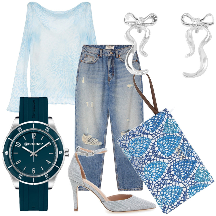 Outfit donna - L ora della apericena. Stile Glamour per Serata fuori. Abbinamento con orecchini, jeans mom, maglieria, orologi, décolleté, pochette.