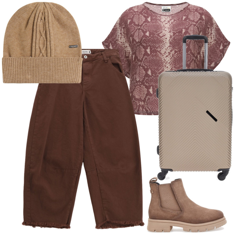 Outfit donna - Al gate. Stile Casual per Tutti i giorni. Abbinamento con pantaloni, maglieria, cappelli, stivaletti chelsea, valigie.