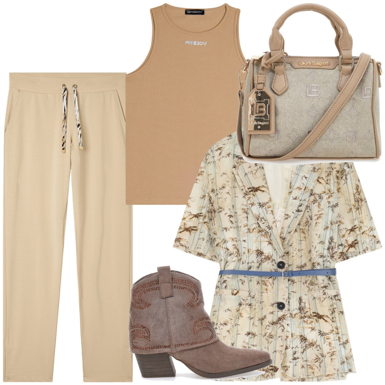 Outfit donna - Commissioni del lunedì. Stile Urban per Tutti i giorni. Abbinamento con blazer, pantaloni, canottiere, stivaletti texani, borse a tracolla.