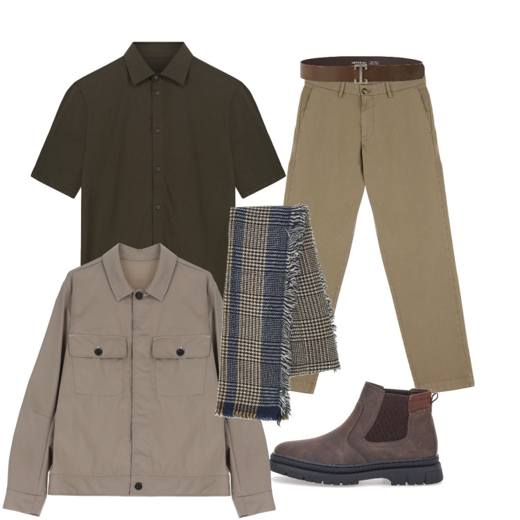 Outfit uomo - Total look #2243542. Stile Urban per Tutti i giorni. Abbinamento con cinture, pantaloni chino, giacche, sciarpe, stivali e stivaletti, polo.