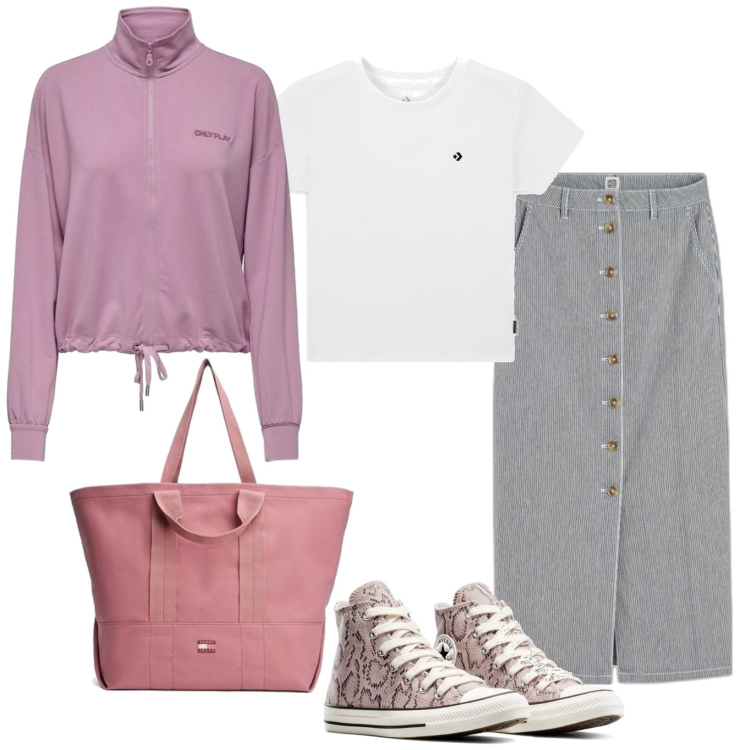 Outfit mujer - Sporty chic #3008. Estilo Sporty chic para Todos los días. Combinación con sudaderas, minifaldas, bolso tote, sneakers, camiseta.