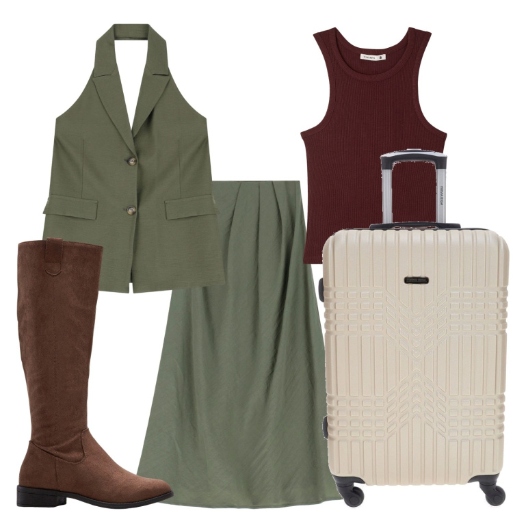 Outfit donna - Ritorno in città. Stile Urban per Tutti i giorni. Abbinamento con stivali, top, gonne lunghe, gilet, valigie.