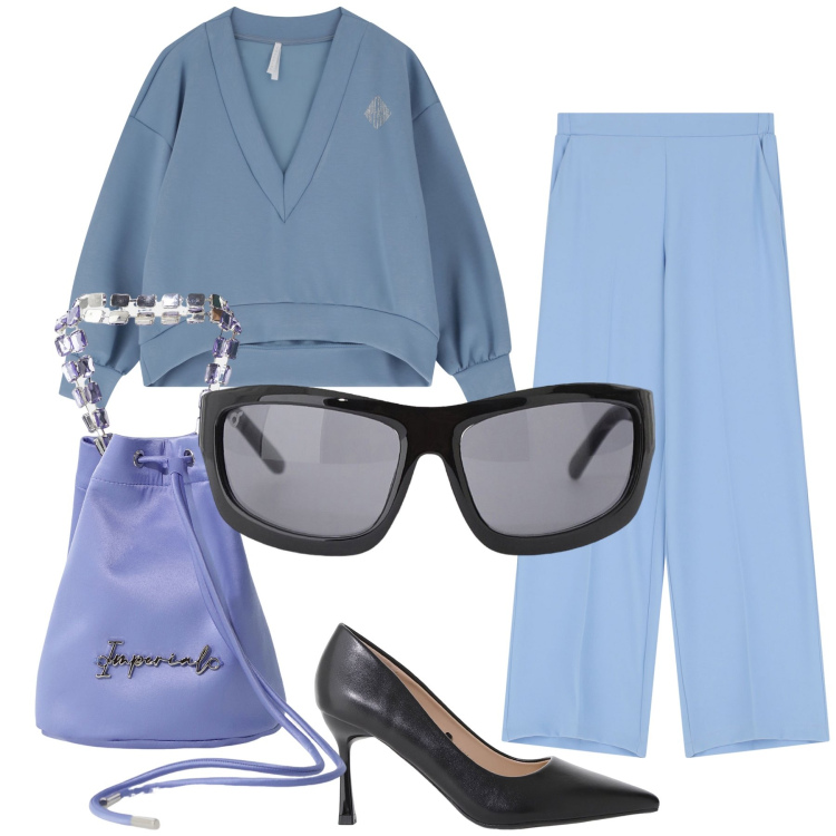 Outfit donna - Pomeriggio Imperial chic. Stile Bon Ton per Tutti i giorni. Abbinamento con décolleté, borse a secchiello, occhiali da sole, pantaloni, maglieria.