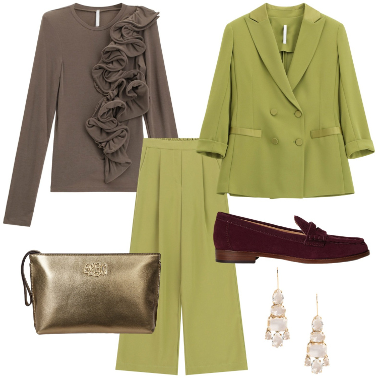 Outfit donna - Serata raffinata. Stile Glamour per Serata fuori. Abbinamento con blazer, t-shirt, pantaloni a palazzo, mocassini, orecchini, pochette.