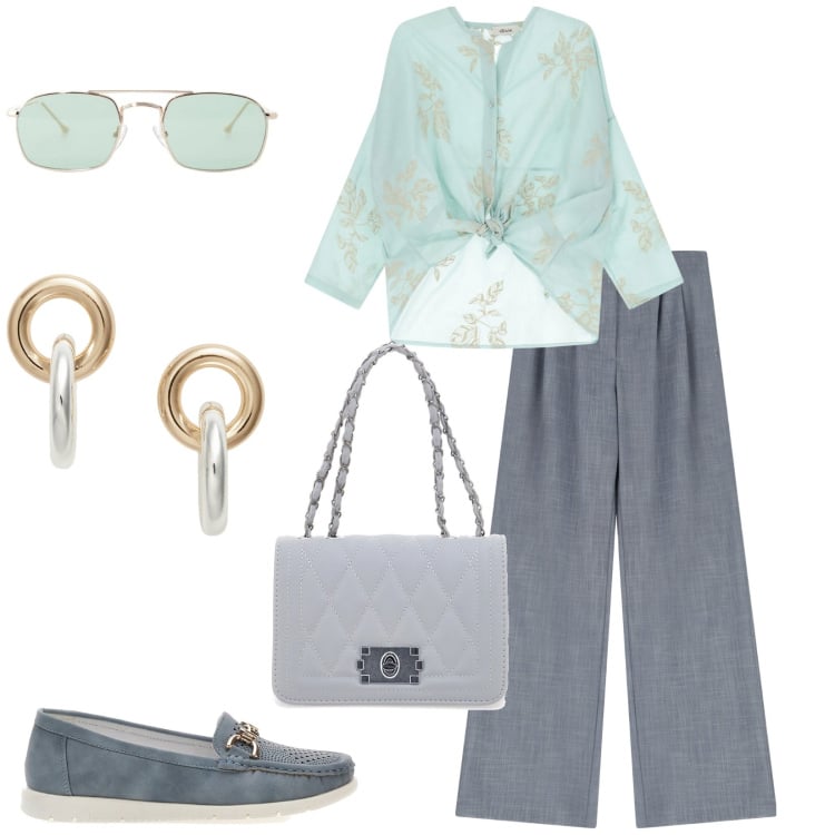 Outfit donna - Total look #2243560. Stile Casual chic per Ufficio. Abbinamento con pantaloni, occhiali da sole, camicie, orecchini, borse a tracolla, mocassini.