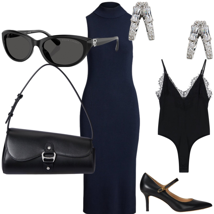 Outfit donna - Tubino nero un classico. Stile Chic per Serata fuori. Abbinamento con body, décolleté, occhiali da sole, orecchini, vestiti senza maniche, borse a spalla.