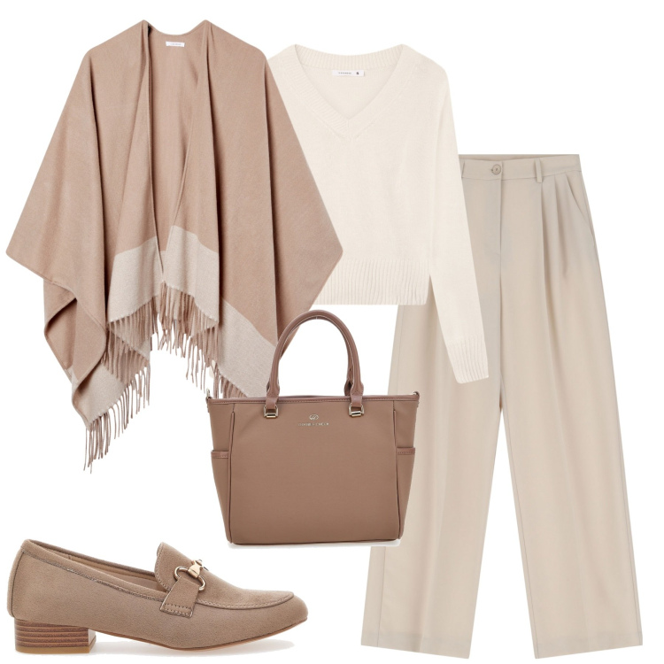 Outfit donna - Autunno. Stile Urban per Tutti i giorni. Abbinamento con cappe, maglieria, pantaloni, borse a tracolla, mocassini.