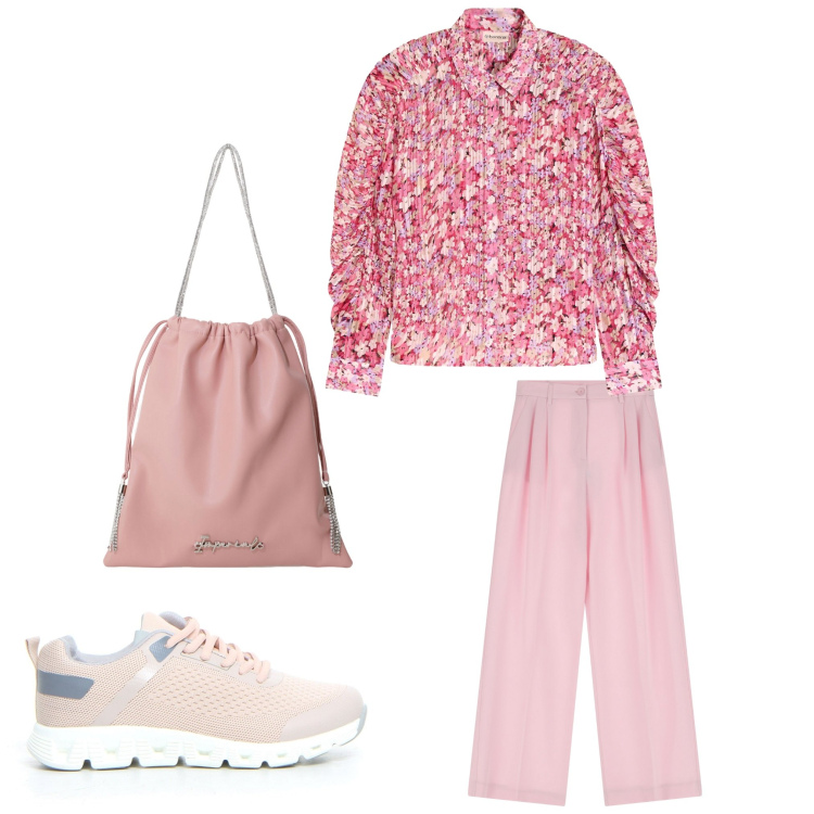 Outfit donna - Fiori e sneakers. Stile Casual per Tutti i giorni. Abbinamento con camicie, borse a secchiello, pantaloni, sneakers.