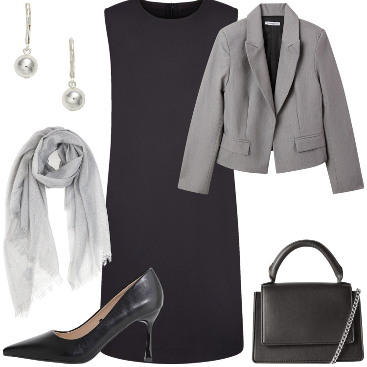 Outfit donna - Elegante in ufficio. Stile Bon Ton per Ufficio. Abbinamento con blazer, borse a tracolla, décolleté, orecchini, vestiti lunghi, foulard.