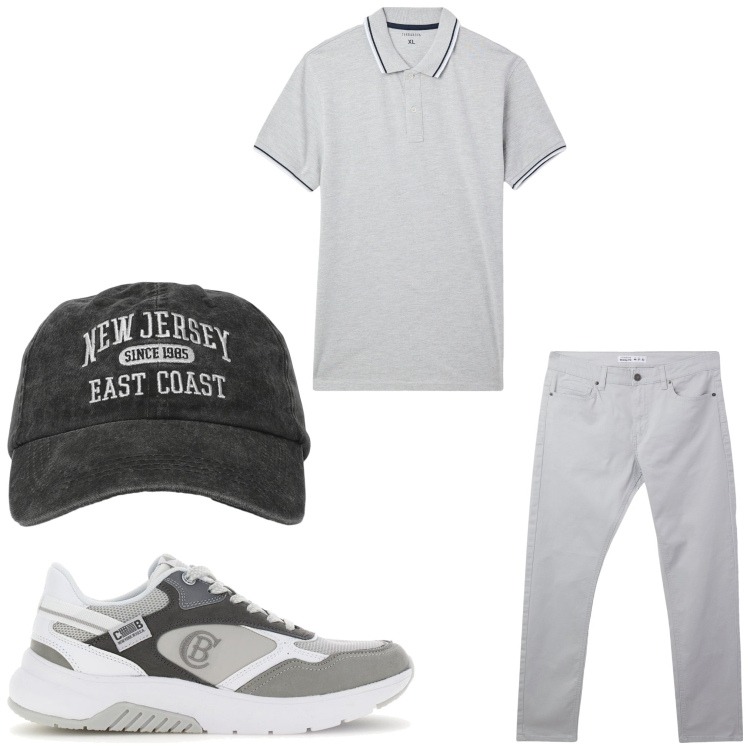 Outfit uomo - New Jersey. Stile Casual per Tutti i giorni. Abbinamento con pantaloni skinny, polo, cappelli con visiera, sneakers.