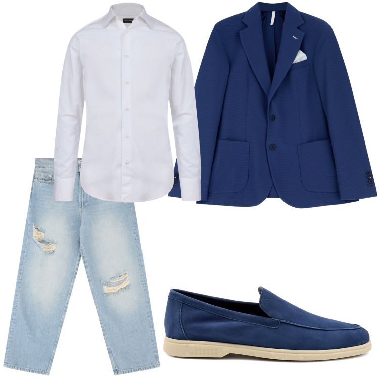 Outfit uomo - Il blazer monopetto. Stile Urban per Ufficio. Abbinamento con jeans strappati, giacche, camicie, scarpe stringate.