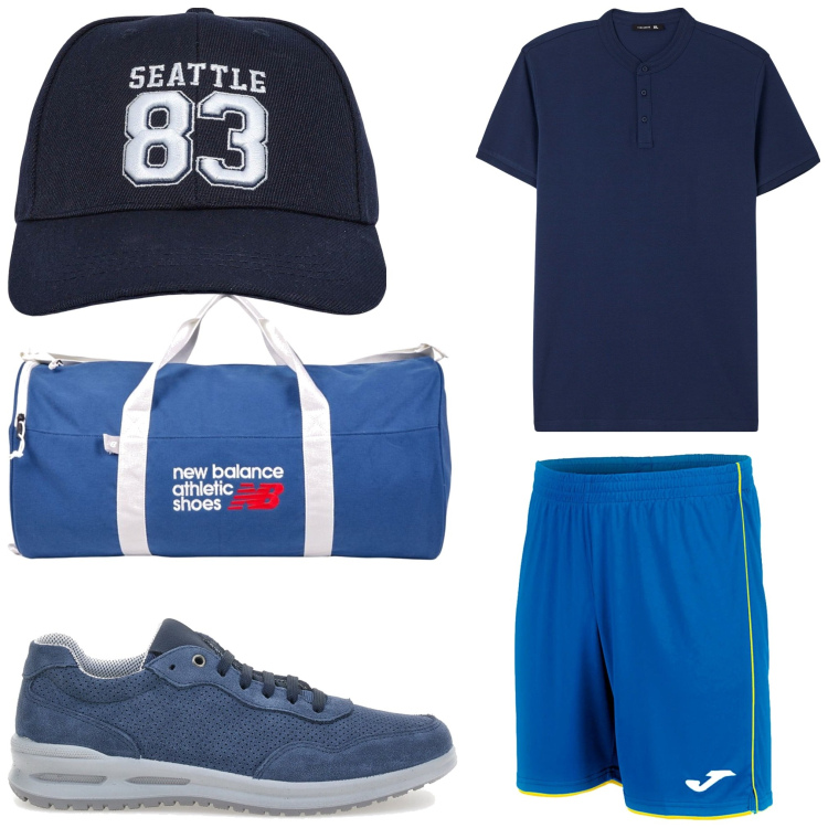 Outfit uomo - Blu sport. Stile Casual per Sport. Abbinamento con t-shirt, cappelli, borse sportive, sneakers, pantaloni corti.