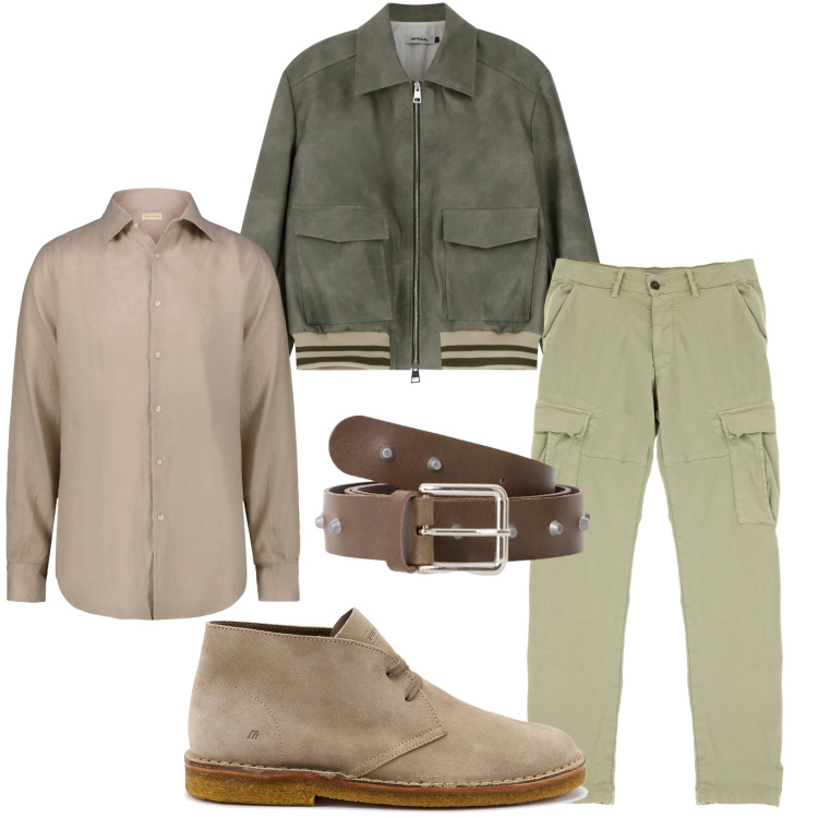 Outfit uomo - Dinamico. Stile Trendy per Ufficio. Abbinamento con cinture, bomber, pantaloni cargo, camicie, stivali e stivaletti.
