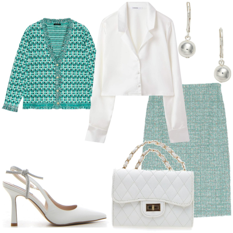 Outfit donna - Total look #2243587. Stile Bon Ton per Ufficio. Abbinamento con camicie, gonne longuette, orecchini, borse a tracolla, cardigans, décolleté.