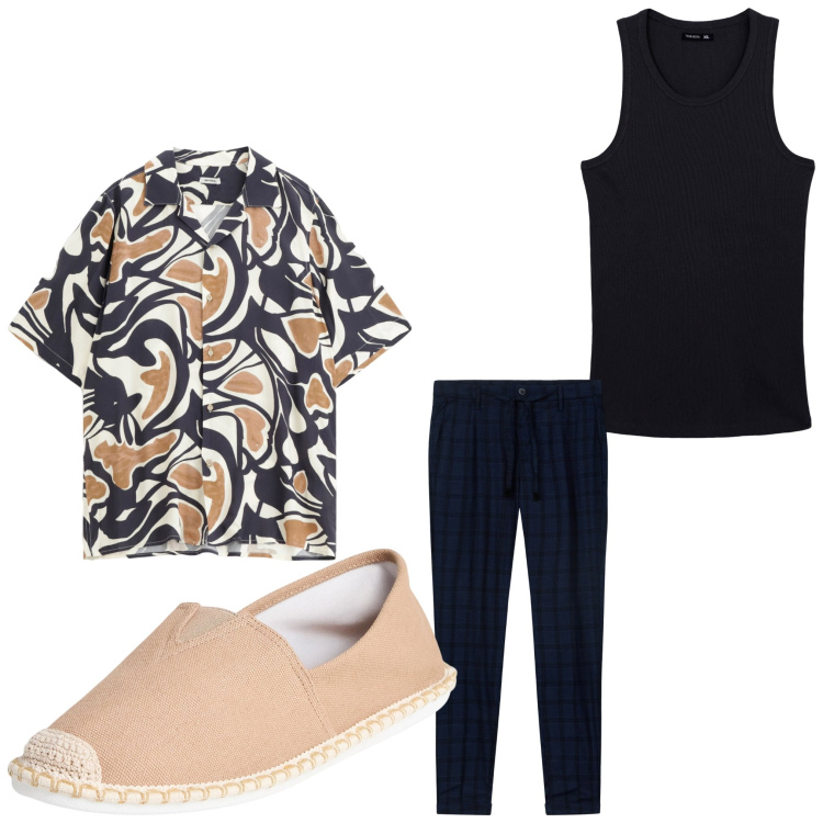 Outfit uomo - Ancora settembre. Stile Casual per Tutti i giorni. Abbinamento con espadrillas, canottiere, camicie a manica corta, pantaloni.