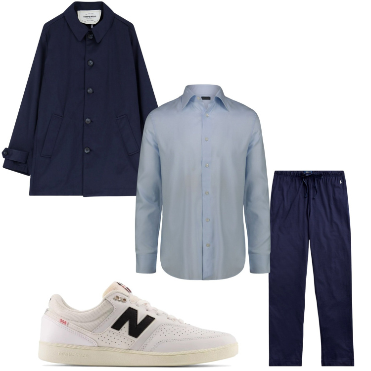 Outfit uomo - Comodo in blu. Stile Trendy per Tutti i giorni. Abbinamento con sneakers, trench, pantaloni, camicie.