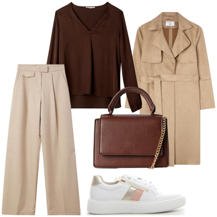 Outfit donna - Total look #2243597. Stile Minimal per Ufficio. Abbinamento con bluse, pantaloni, borse a tracolla, trench, sneakers.