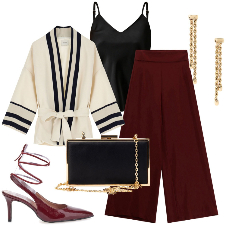 Outfit donna - Regina di cuori. Stile Chic per Cerimonia. Abbinamento con top, pochette, pantaloni a palazzo, cappe, orecchini, décolleté.