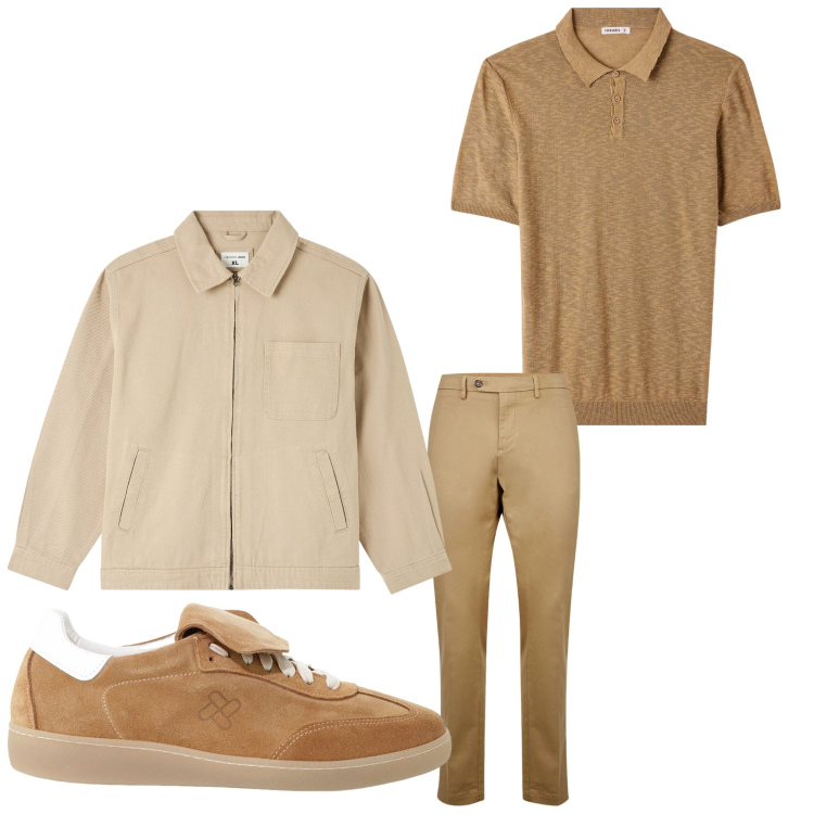 Outfit uomo - Variazioni beige. Stile Casual per Tutti i giorni. Abbinamento con giacche, polo, sneakers, pantaloni chino.