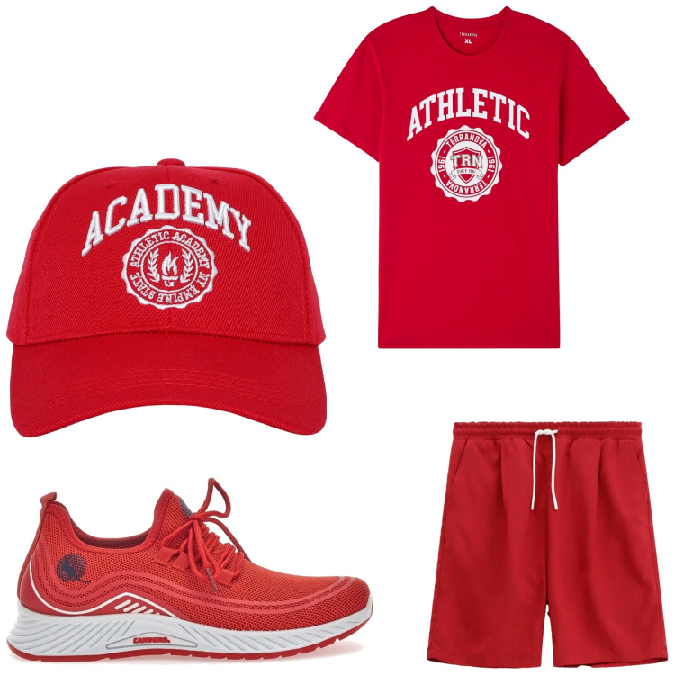 Outfit uomo - Rosso sport. Stile Casual per Sport. Abbinamento con t-shirt, cappelli, bermuda, sneakers.