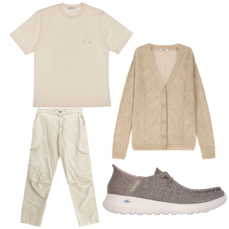 Outfit uomo - Solo beige. Stile Casual per Tutti i giorni. Abbinamento con cardigans, pantaloni cargo, t-shirt, sneakers.