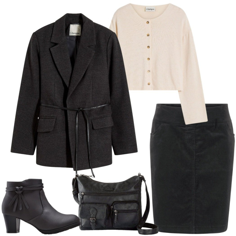Outfit donna - Capispalla Bonprix. Stile Casual chic per Ufficio. Abbinamento con cardigans, gonne, borse a tracolla, stivaletti, blazer.