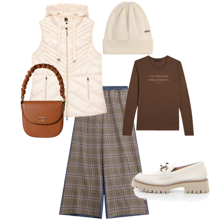 Outfit donna - Autunno in news. Stile Casual per Tutti i giorni. Abbinamento con borse a mano, pantaloni a palazzo, cappelli, t-shirt, mocassini, piumini.