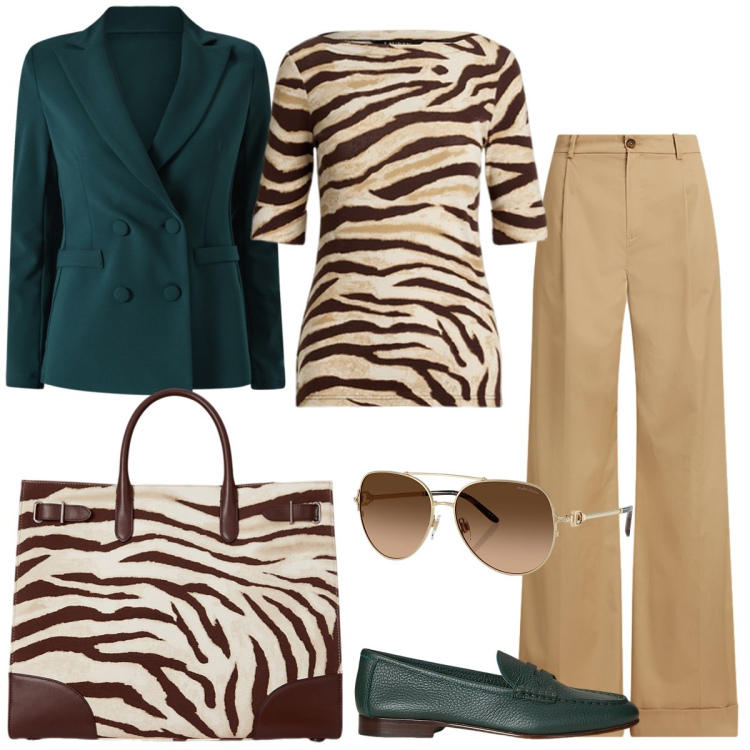 Outfit donna - Ufficio. Stile Trendy per Ufficio. Abbinamento con blazer, occhiali da sole, borse tote, pantaloni, t-shirt, mocassini.