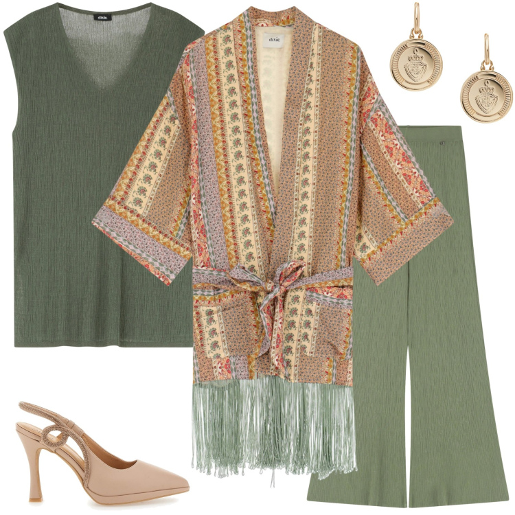 Outfit donna - Settembre di sera. Stile Chic per Serata fuori. Abbinamento con pantaloni, trench, maglieria, orecchini, décolleté.