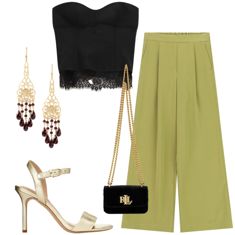 Outfit donna - Acida. Stile Glamour per Serata fuori. Abbinamento con top, pantaloni a palazzo, sandali in pelle, orecchini, pochette.