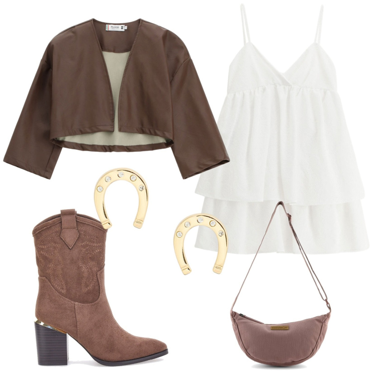 Outfit donna - Total look #2243610. Stile Chic per Serata fuori. Abbinamento con vestiti corti, giacche, orecchini, stivaletti texani, borse a tracolla.