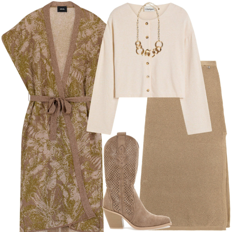 Outfit donna - Serata con amici. Stile Trendy per Serata fuori. Abbinamento con cardigans, cappotti, gonne lunghe, stivaletti, collane.