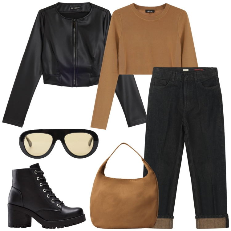 Outfit donna - In jeans. Stile Casual per Tutti i giorni. Abbinamento con stivaletti, borse a mano, occhiali da sole, giacche, pullovers, jeans dritti.