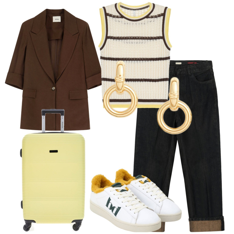 Outfit donna - Total look #2243619. Stile Casual chic per Tutti i giorni. Abbinamento con top, sneakers, blazer, orecchini, jeans dritti, valigie.