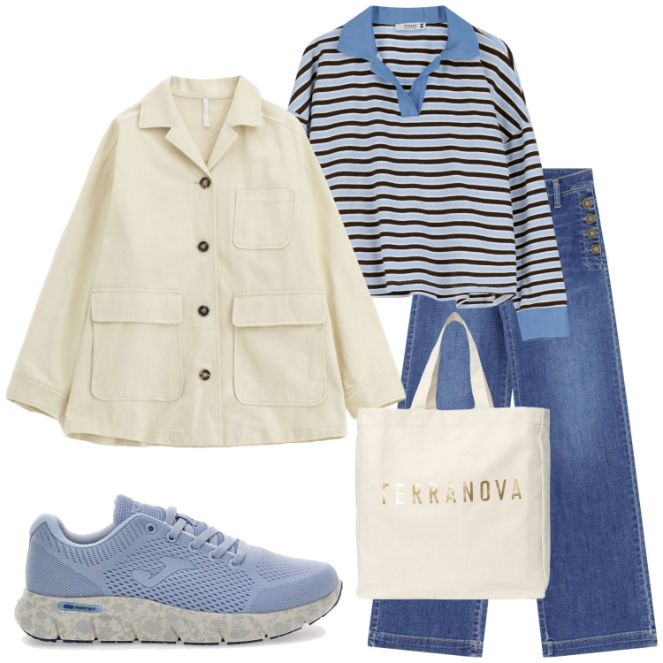 Outfit donna - Casual style. Stile Casual per Tutti i giorni. Abbinamento con borse tote, jeans a zampa, maglieria, cappotti, sneakers.