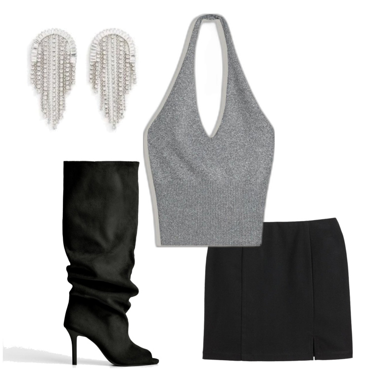 Outfit mujer - Sábado noche. Estilo Sexy para Noche/Fiesta elegante. Combinación con top, pendientes, minifaldas, botas.