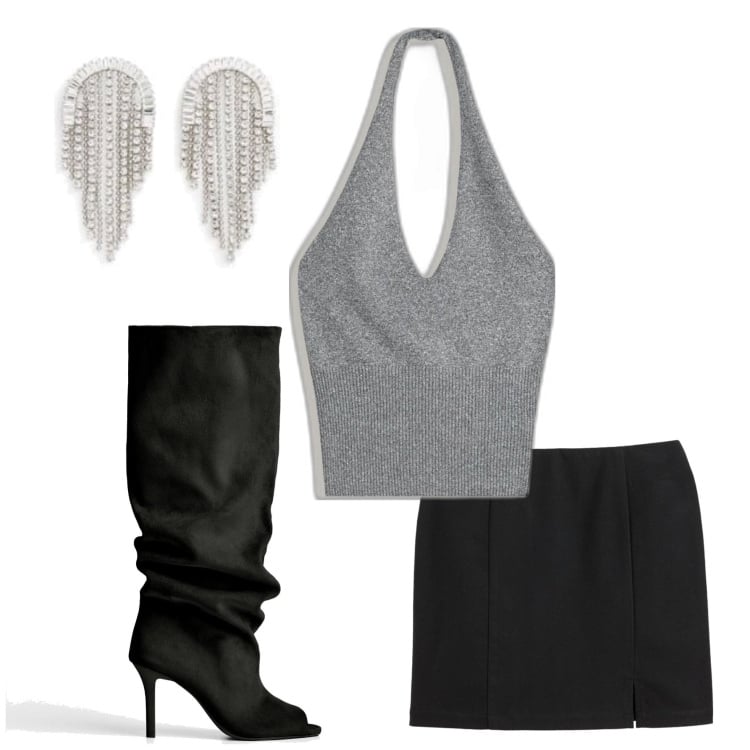 Outfit mujer - Sábado noche. Estilo Sexy para Noche/Fiesta elegante. Combinación con top, minifaldas, botas, pendientes.