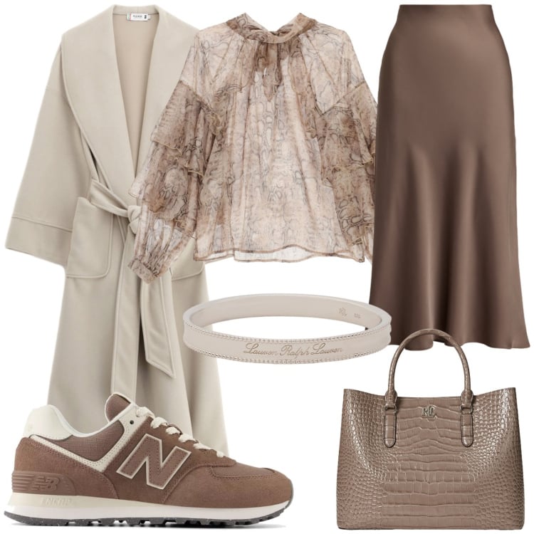 Outfit donna - Toni della polvere. Stile Glamour per Ufficio. Abbinamento con sneakers, cappotti, camicie, gonne, borse a mano, braccialetti.